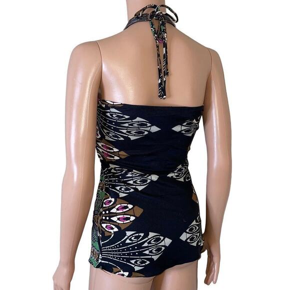 Made in USA top blouse black and chain detail halter style black printed stretch - Picture 3 of 9